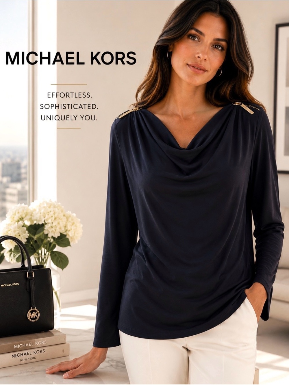 MICHEAL Micheal Kors Black  Blouse w/ draped neckline and zippered shoulders